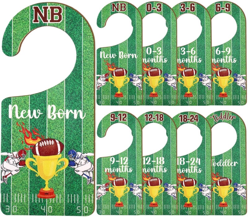 CORNER LACE Baby Closet Dividers 8PCS, Football Theme Wooden Double-Sided Clothes Size Hanger Organizer from Newborn to Toddler for Nursery Decor Baby Shower Birthday Gift - Image 1